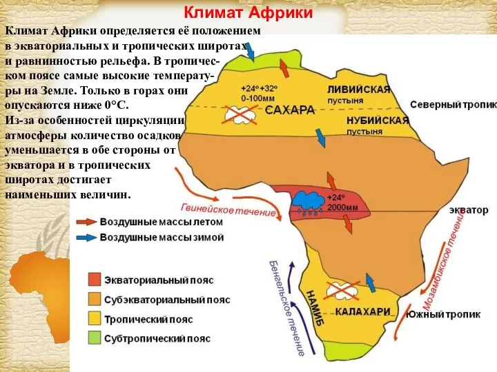 Климат Африки Климат Африки определяется её положением в экваториальных и тропических широтах