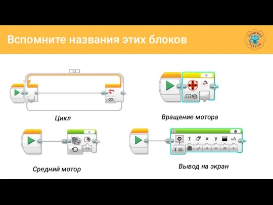 Вспомните названия этих блоков Цикл Средний мотор Вывод на экран Вращение мотора