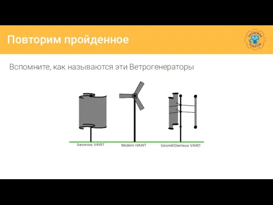 Повторим пройденное Вспомните, как называются эти Ветрогенераторы