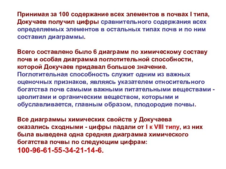 Принимая за 100 содержание всех элементов в почвах I типа, Докучаев получил