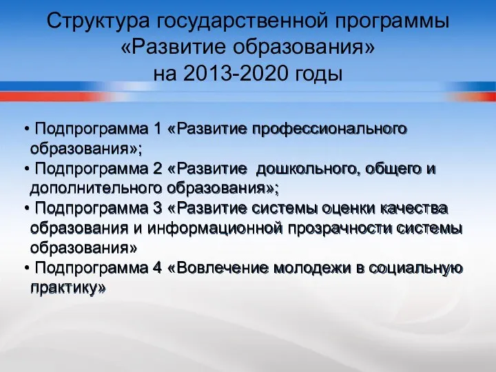 Структура государственной программы «Развитие образования» на 2013-2020 годы Подпрограмма 1 «Развитие профессионального