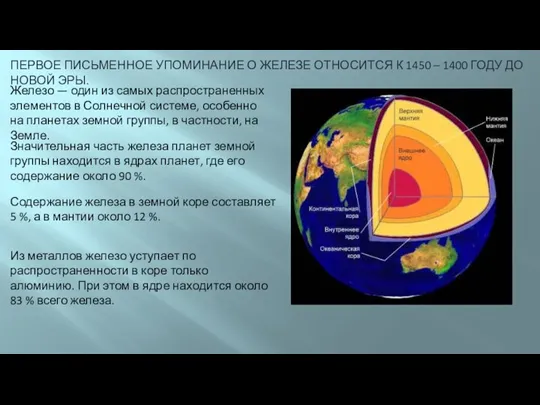 ПЕРВОЕ ПИСЬМЕННОЕ УПОМИНАНИЕ О ЖЕЛЕЗЕ ОТНОСИТСЯ К 1450 – 1400 ГОДУ ДО