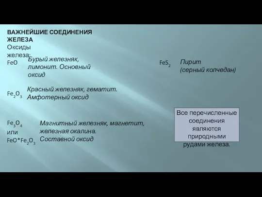 ВАЖНЕЙШИЕ СОЕДИНЕНИЯ ЖЕЛЕЗА FeO Оксиды железа: Бурый железняк, лимонит. Основный оксид Fe2O3