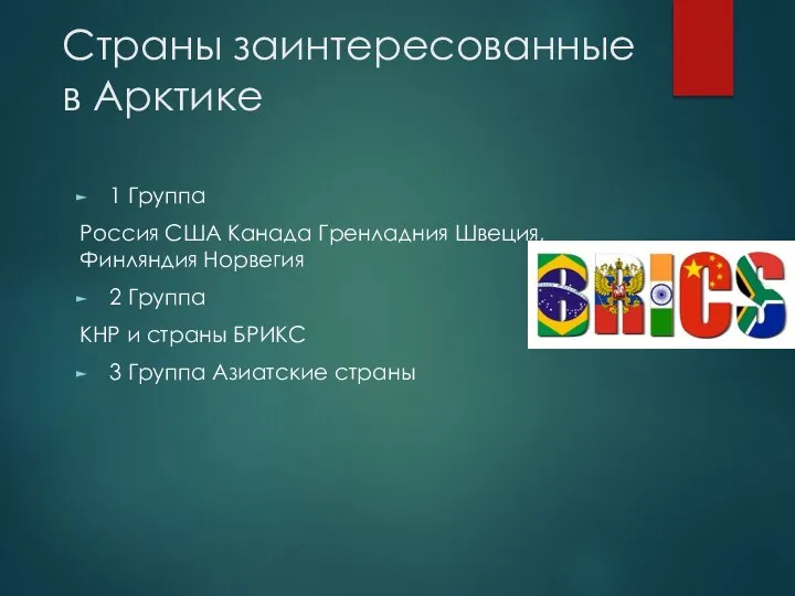 Страны заинтересованные в Арктике 1 Группа Россия США Канада Гренладния Швеция, Финляндия