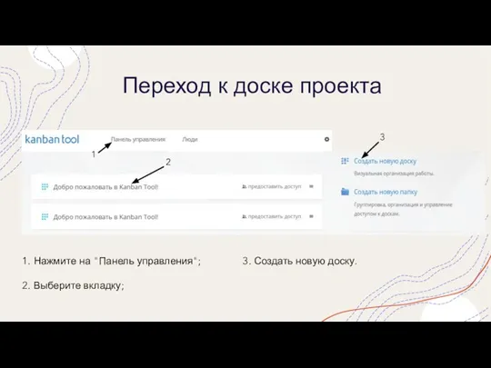 Переход к доске проекта 1 2 1. Нажмите на "Панель управления"; 2.