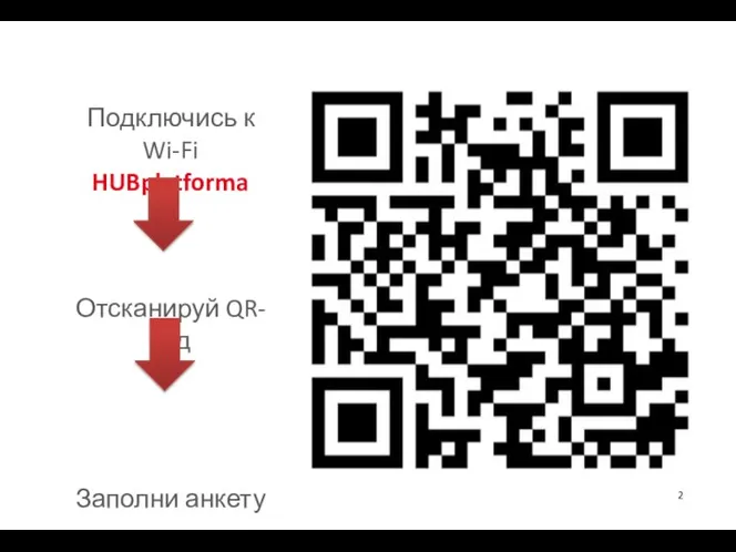 Подключись к Wi-Fi HUBplatforma Отсканируй QR-код Заполни анкету