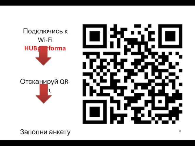 Подключись к Wi-Fi HUBplatforma Отсканируй QR-код Заполни анкету