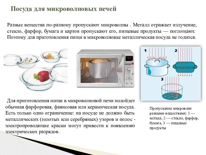 Для приготовления пищи в микроволновой печи подойдет обычная фарфоровая, фаянсовая или керамическая