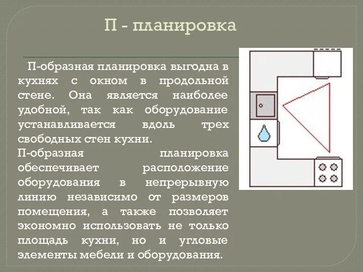 П-образная планировка выгодна в кухнях с окном в продольной стене. Она является