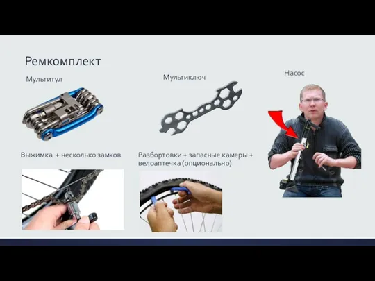 Ремкомплект Мультитул Выжимка + несколько замков Разбортовки + запасные камеры + велоаптечка (опционально) Мультиключ Насос