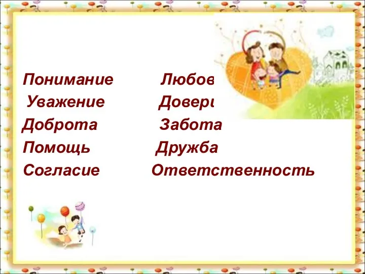 Понимание Любовь Уважение Доверие Доброта Забота Помощь Дружба Согласие Ответственность