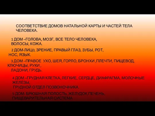 СООТВЕТСТВИЕ ДОМОВ НАТАЛЬНОЙ КАРТЫ И ЧАСТЕЙ ТЕЛА ЧЕЛОВЕКА. 1 ДОМ –ГОЛОВА, МОЗГ,