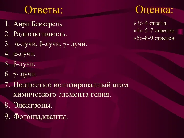 Ответы: Анри Беккерель. Радиоактивность. α-лучи, β-лучи, γ- лучи. α-лучи. β-лучи. γ- лучи.