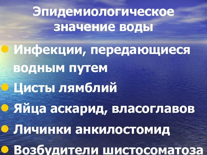 Эпидемиологическое значение воды Инфекции, передающиеся водным путем Цисты лямблий Яйца аскарид, власоглавов Личинки анкилостомид Возбудители шистосоматоза