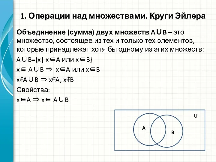 Объединение (сумма) двух множеств A∪B – это множество, состоящее из тех и