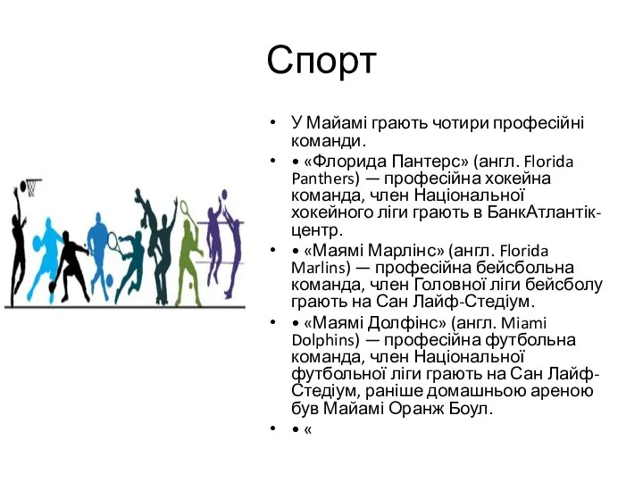 Спорт У Майамі грають чотири професійні команди. • «Флорида Пантерс» (англ. Florida