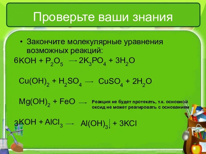 Проверьте ваши знания Закончите молекулярные уравнения возможных реакций: KOH + P2O5 Cu(OH)2