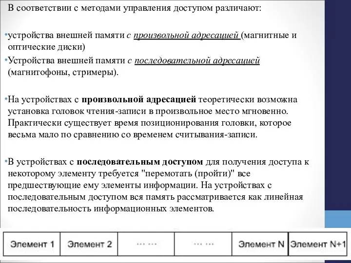 В соответствии с методами управления доступом различают: устройства внешней памяти с произвольной