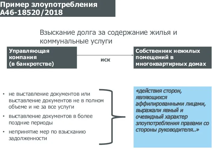 Пример злоупотребления А46-18520/2018 Управляющая компания (в банкротстве) Собственник нежилых помещений в многоквартирных