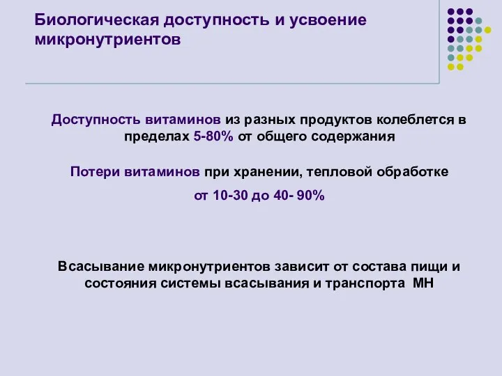 Биологическая доступность и усвоение микронутриентов Доступность витаминов из разных продуктов колеблется в