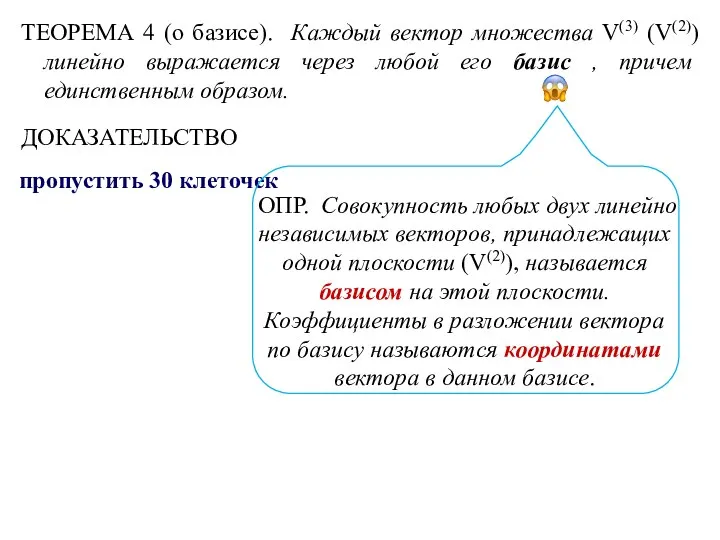 ТЕОРЕМА 4 (о базисе). Каждый вектор множества V(3) (V(2)) линейно выражается через