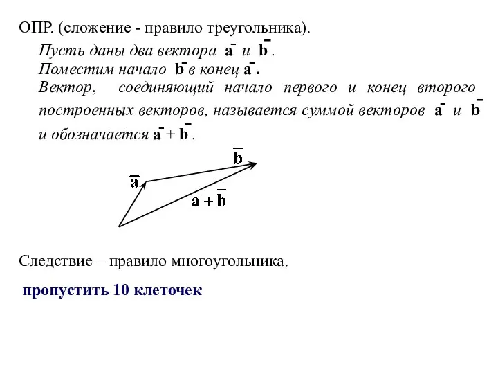 ОПР. (сложение - правило треугольника). Пусть даны два вектора ā и b̄