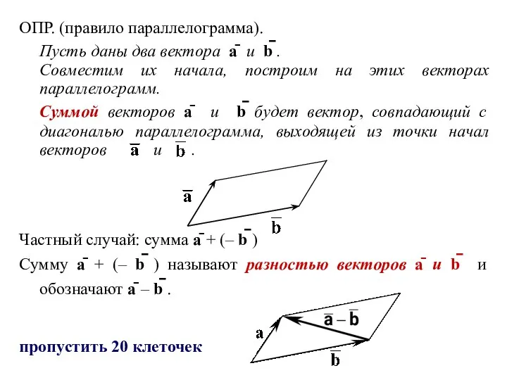 ОПР. (правило параллелограмма). Пусть даны два вектора ā и b̄ . Совместим