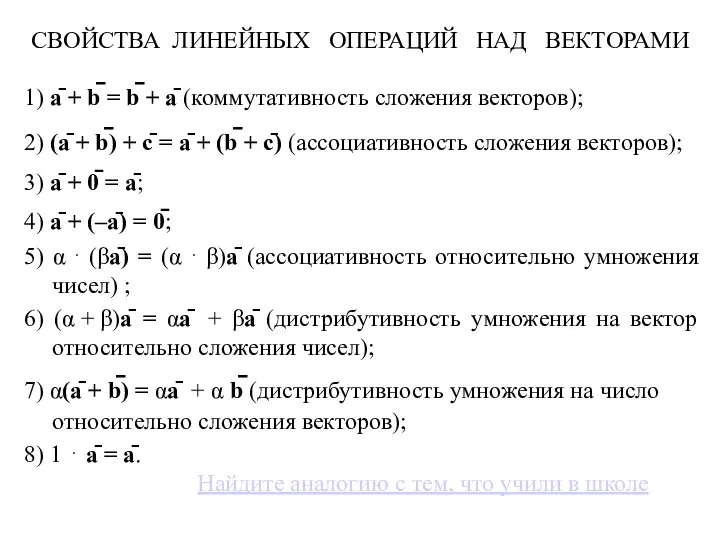 СВОЙСТВА ЛИНЕЙНЫХ ОПЕРАЦИЙ НАД ВЕКТОРАМИ 1) ā + b̄ = b̄ +