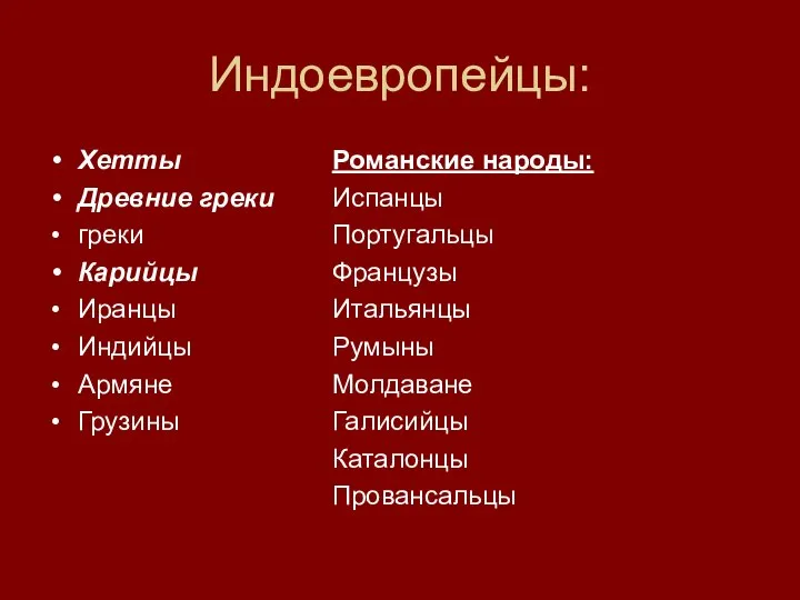 Индоевропейцы: Хетты Древние греки греки Карийцы Иранцы Индийцы Армяне Грузины Романские народы: