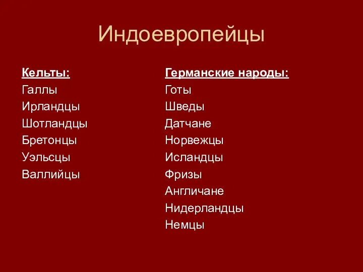 Индоевропейцы Кельты: Галлы Ирландцы Шотландцы Бретонцы Уэльсцы Валлийцы Германские народы: Готы Шведы