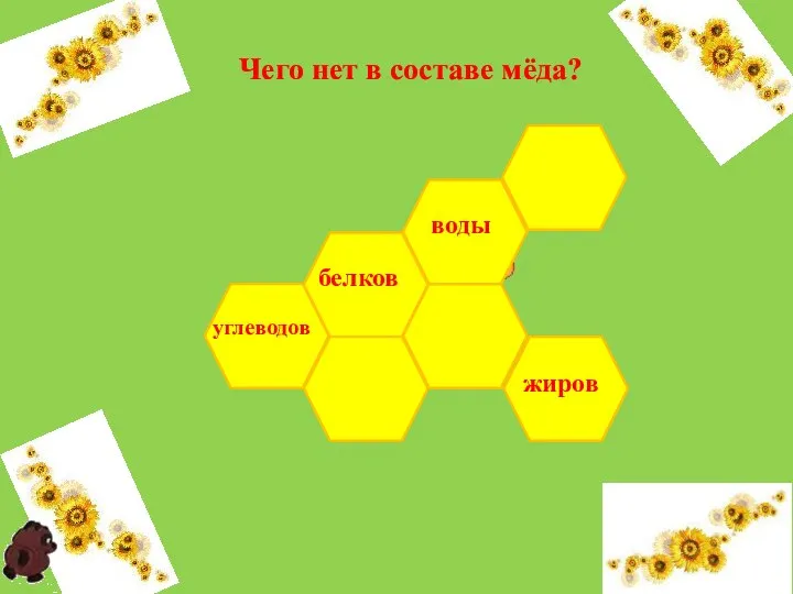 белков Чего нет в составе мёда? углеводов воды