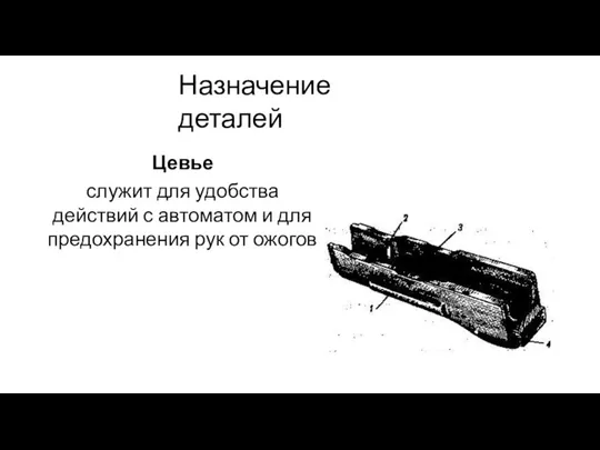 Назначение деталей Цевье служит для удобства действий с автоматом и для предохранения рук от ожогов