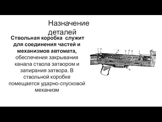 Назначение деталей Ствольная коробка служит для соединения частей и механизмов автомата, обеспечения