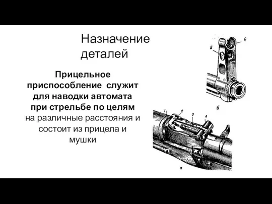 Назначение деталей Прицельное приспособление служит для наводки автомата при стрельбе по целям