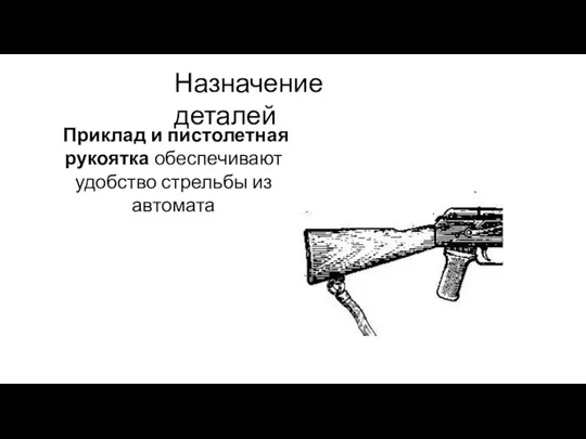 Назначение деталей Приклад и пистолетная рукоятка обеспечивают удобство стрельбы из автомата