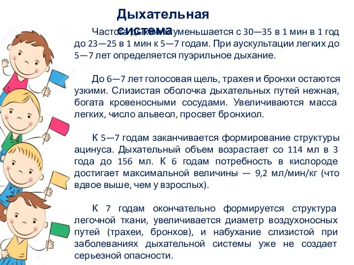 Частота дыханий уменьшается с 30—35 в 1 мин в 1 год до