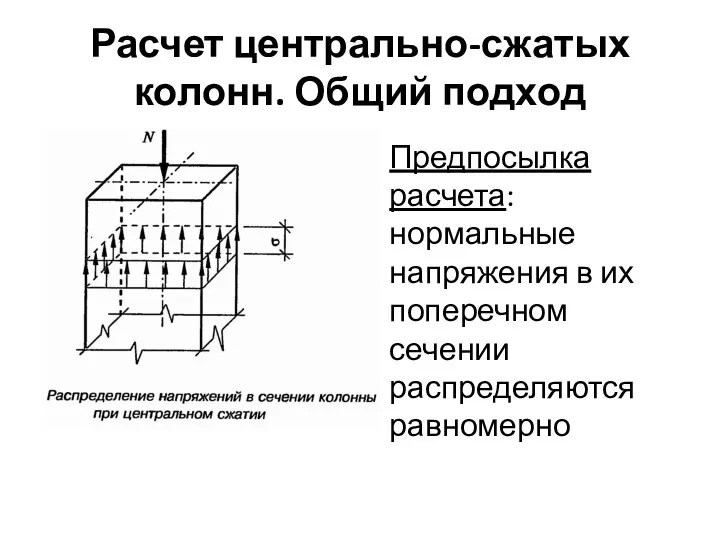 Расчет центрально-сжатых колонн. Общий подход Предпосылка расчета: нормальные напряжения в их поперечном сечении распределяются равномерно