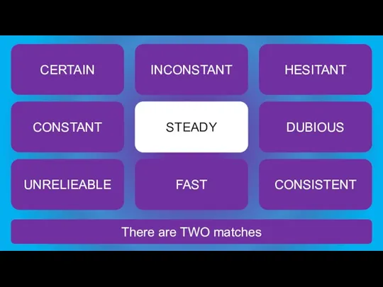 There are TWO matches STEADY CERTAIN INCONSTANT HESITANT CONSTANT DUBIOUS UNRELIEABLE FAST CONSISTENT