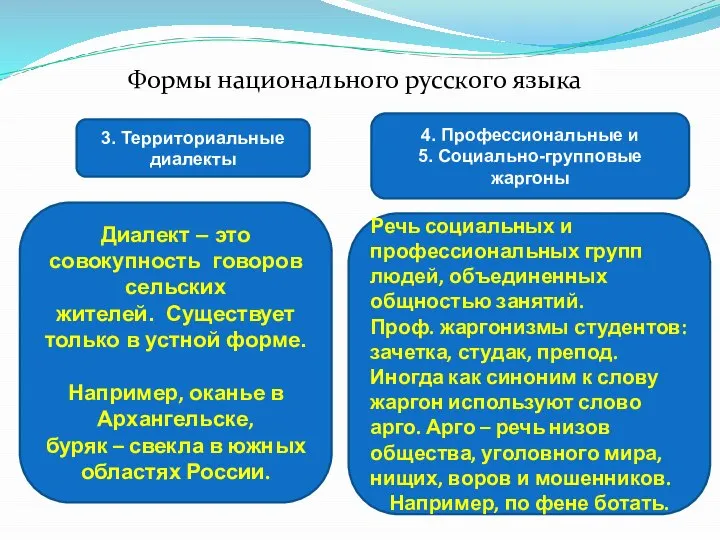 Формы национального русского языка 4. Профессиональные и 5. Социально-групповые жаргоны Речь социальных