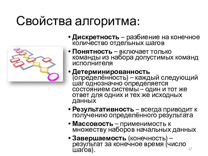 Свойства алгоритма: Дискретность – разбиение на конечное количество отдельных шагов Понятность –