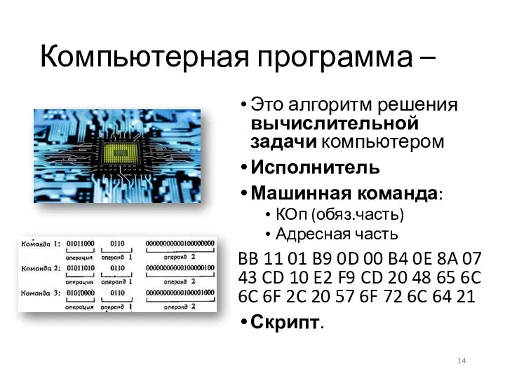 Компьютерная программа – Это алгоритм решения вычислительной задачи компьютером Исполнитель Машинная команда: