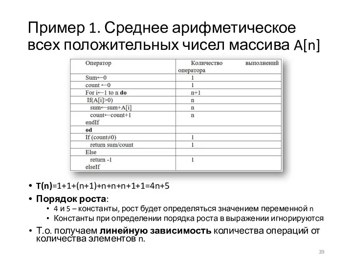 Пример 1. Среднее арифметическое всех положительных чисел массива A[n] T(n)=1+1+(n+1)+n+n+n+1+1=4n+5 Порядок роста: