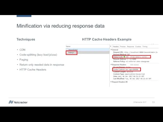 Techniques HTTP Cache Headers Example Minification via reducing response data CDN Code-splitting