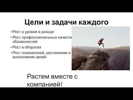 Цели и задачи каждого Рост в уровне и доходе Рост профессиональных качеств