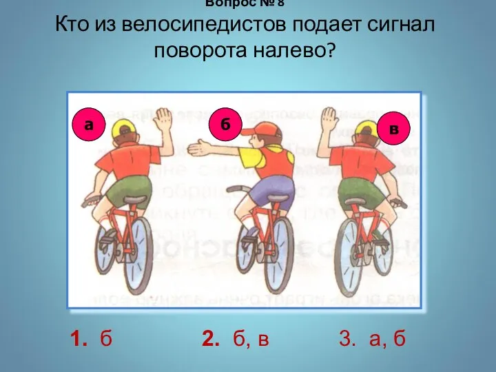 Вопрос № 8 Кто из велосипедистов подает сигнал поворота налево? 1. б