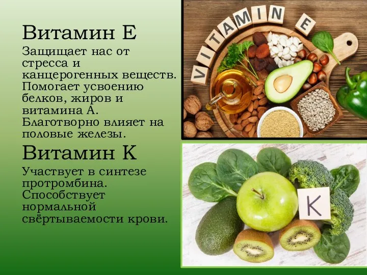 Витамин Е Защищает нас от стресса и канцерогенных веществ. Помогает усвоению белков,