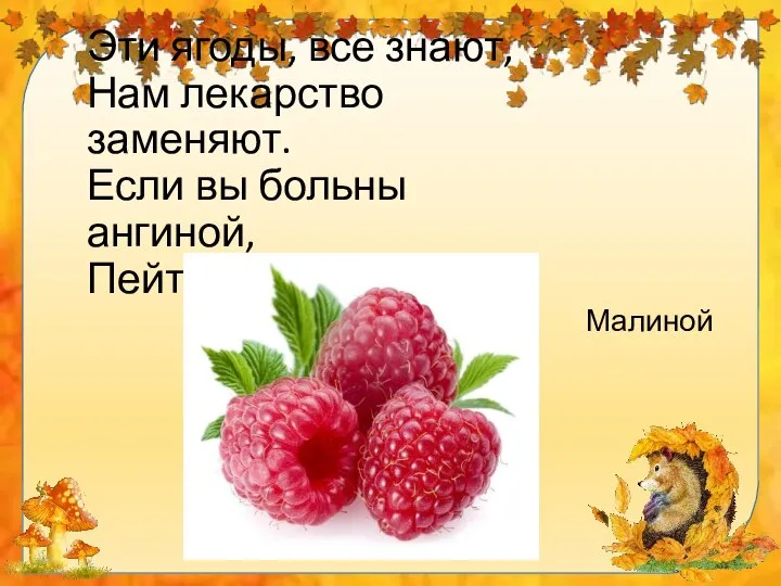 Эти ягоды, все знают, Нам лекарство заменяют. Если вы больны ангиной, Пейте