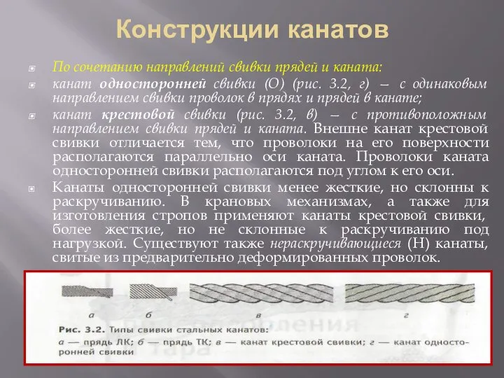 Конструкции канатов По сочетанию направлений свивки прядей и каната: канат односторонней свивки