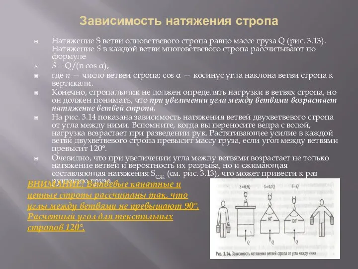 Зависимость натяжения стропа Натяжение S ветви одноветвевого стропа равно массе груза Q