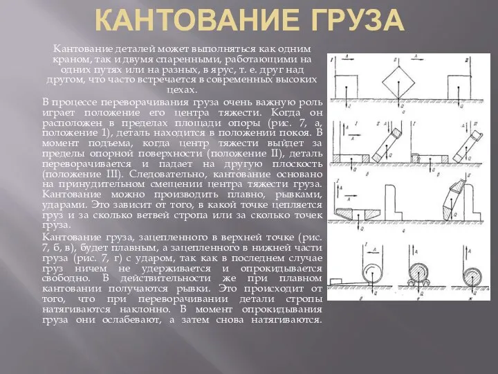 КАНТОВАНИЕ ГРУЗА Кантование деталей может выполняться как одним краном, так и двумя